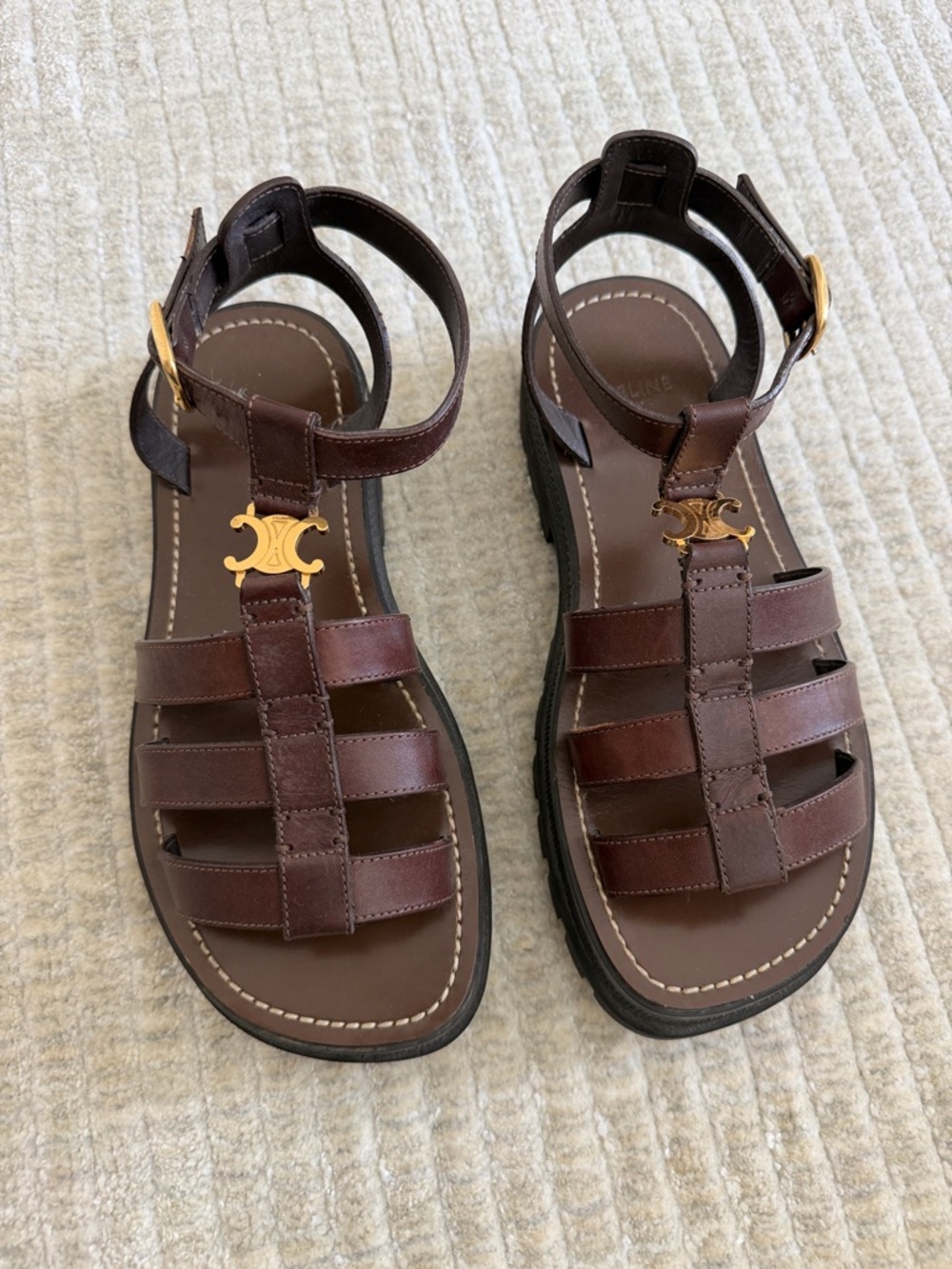 Celine Triomphe Dark Brown Leather Strappy Sandals
